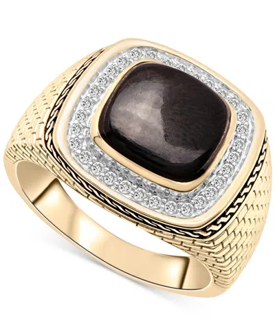Macy's Men's Onyx & Diamond (1/5 Ct. T.w.) Brick Texture Ring In 14k Gold-plated Sterling Silver In Gold Over Silver