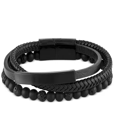 Macy's Men's Onyx & Lava Bead Triple Row Braided Leather Bracelet In Black Ion-plated Stainless Steel (also