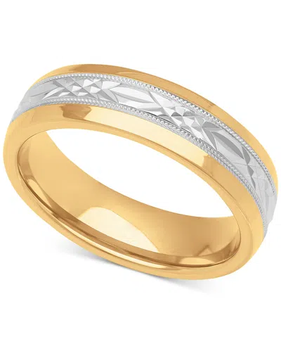Macy's Men's Two-tone Low Dome Textured Wedding Band In Sterling Silver & 18k Gold-plate