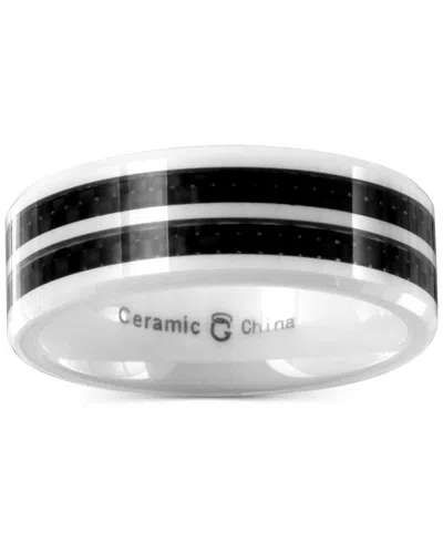 Macy's Men's White Ceramic & Double-row Black Carbon Fiber Inlay Band In Black,white