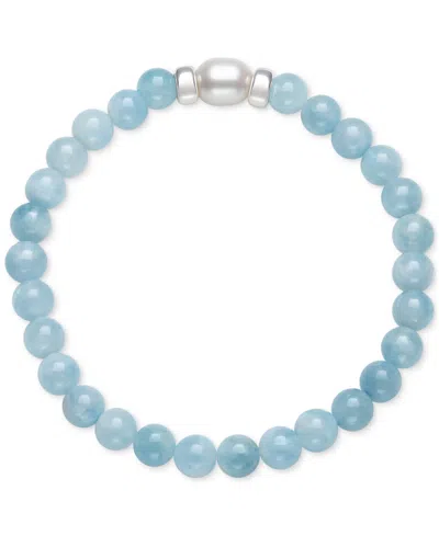 Macy's Milky Aqua & Cultured Freshwater Pearl Stretch Bracelet In Sterling Silver In Blue