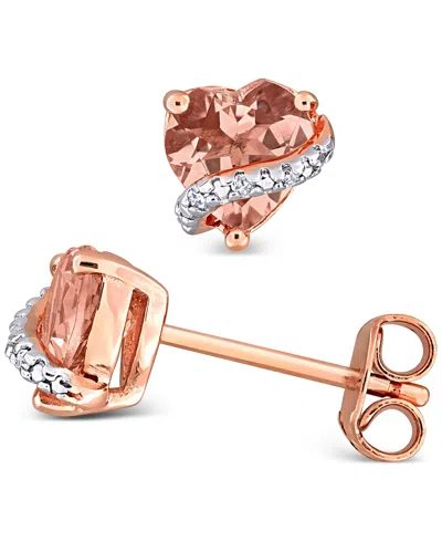 Macy's Morganite (1-1/3 Ct. T.w.) & Diamond Accent Heart Stud Earrings In Rose-plated Sterling Silver In Gold