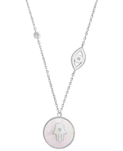 Macy's Mother-of-pearl (10mm) & Cubic Zirconia Hamsa Hand & Evil Eye Pendant Necklace In 14k Gold-plated St In Sterling Silver