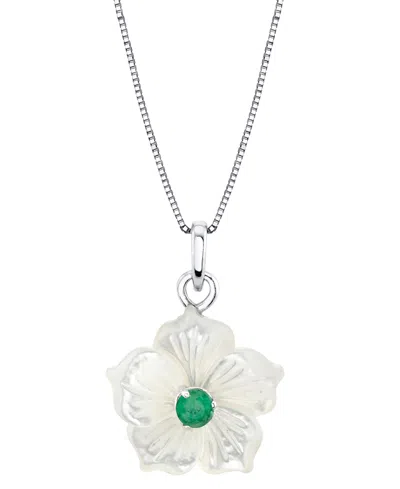 Macy's Mother-of-pearl (18mm) & Emerald (1/3 Ct. T.w.) Flower 18" Pendant Necklace In Sterling Silver