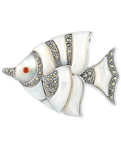 Macy's Mother Of Pearl & Marcasite (1/2 Ct. T.w.) Fish Pin In Sterling Silver
