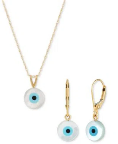 Macy's Mother Of Pearl Enamel Evil Eye Pendant Necklace Matching Leverback Drop Earrings Collection In 10k  In Yellow Gold