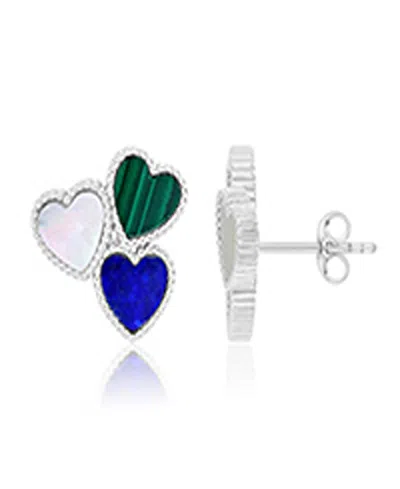 Macy's Mother Of Pearl, Malachite And Lapis Tri-heart Stud Earrings In Rhodium Over Sterling Silver In Multi