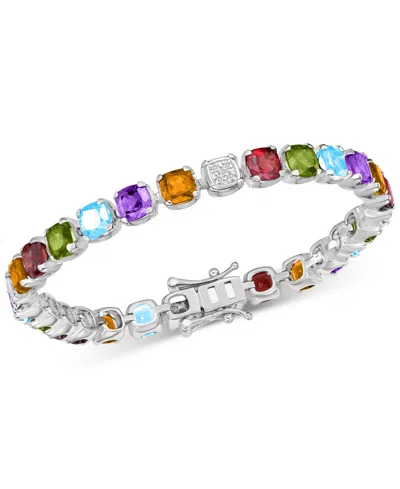 Macy's Multi-gemstone (14-1/2 Ct. T.w.) & Diamond Cluster (1/8 Ct. T.w.) Cushion Tennis Bracelet In Sterlin In Ss