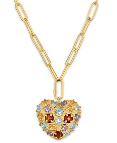 Macy's Multi-gemstone (8.225 Ct. T.w.) Carabiner Heart Paperclip Link Necklace In 14k Gold Over Sterling Si