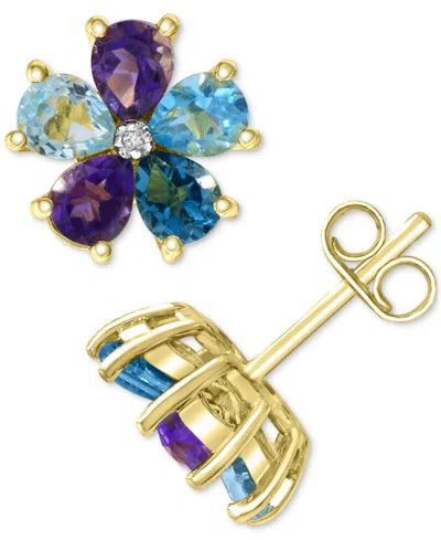 Macy's Multi Gemstone And Diamond Accent Flower Stud Earrings In 14k Gold-plated Sterling Silver In Blue