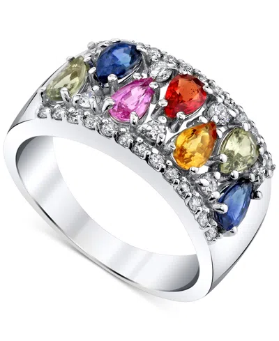 Macy's Multi-sapphire (2-1/10 Ct. T.w.) & Diamond (3/8 Ct. T.w.) Wide Ring In 14k White Gold In Multi Sapphire
