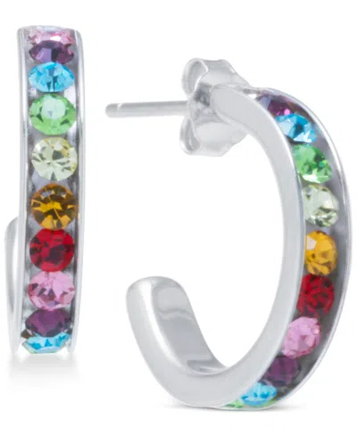 Macy's Multicolor Crystal Pave Small Hoop Earrings In Sterling Silver, 0.59" In Metallic