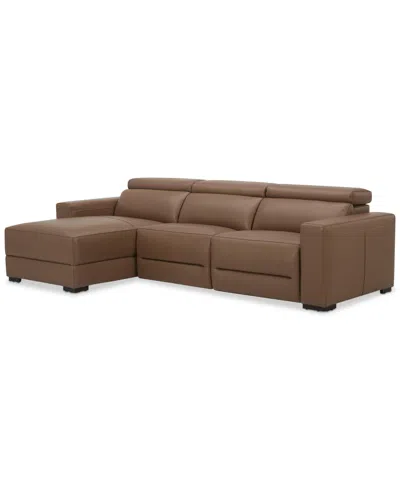 Macy's Nevio 115" 3-pc. Leather Sectional With 1 Power Recliner, Headrests And Chaise, Created For  In Brown