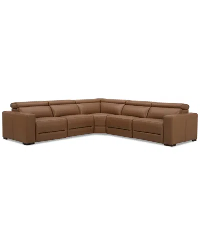 MACY'S NEVIO 124" 5-PC. LEATHER SECTIONAL WITH 3 POWER RECLINERS AND HEADRESTS, CREATED FOR MACY'S