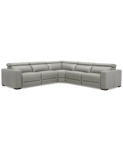 Macy's Nevio 124" 5-pc. Leather Sectional With 3 Power Recliners And Headrests, Created For  In Light Grey