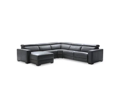 Macy's Nevio 124" 5-pc Leather Sectional Sofa With Chaise, 1 Power Recliner And Articulating Headrests, Cre In Gray