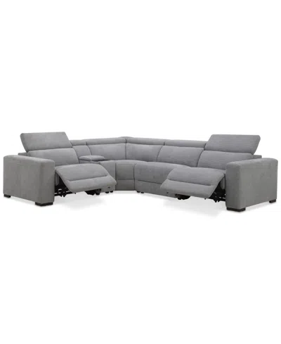 Macy's Nevio 5-pc. Fabric Power Headrest L-shape Sectional And Console With 2 Power Motion Chairs In Gray