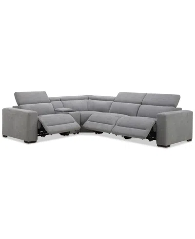 Macy's Nevio 5-pc. Fabric Power Headrest L-shape Sectional And Console With 3 Power Motion Chairs In Gray