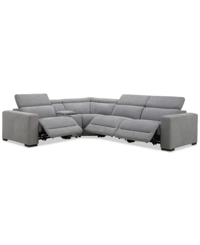 Macy's Nevio 5-pc. Fabric Power Headrest L-shape Sectional And Console With 3 Power Motion Chairs In Midnight