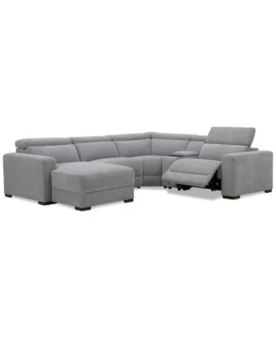 Macy's Nevio 5-pc. Fabric Power Headrest Sectional And Chaise With 1 Power Motion Chair In Gray