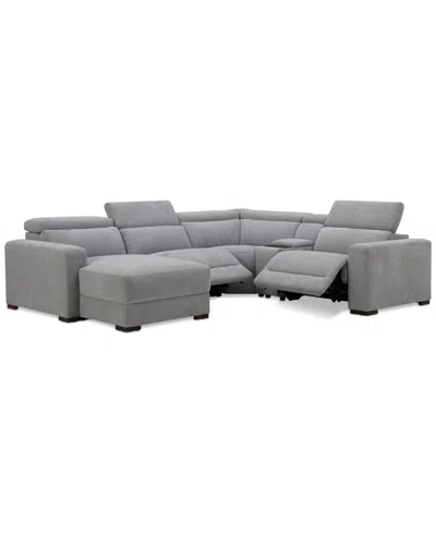 Macy's Nevio 5-pc. Fabric Power Headrest Sectional And Chaise With 2 Power Motion Chairs In Mineral