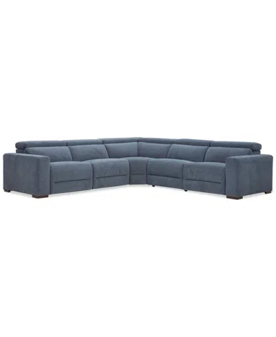 Macy's Nevio 5-pc. Fabric Power Headrest Sectional With 3 Power Motion Chairs In Blue