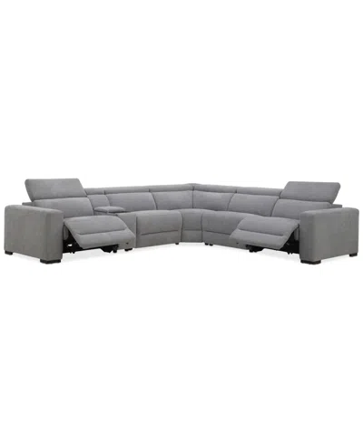 Macy's Nevio 6-pc. Fabric Power Headrest L-shaped Sectional And Console With 2 Power Motion Chairs In Midnight
