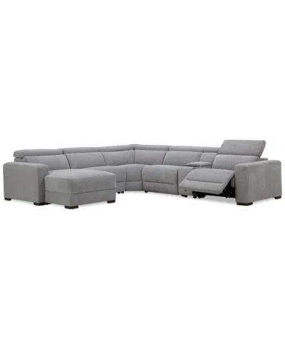 Macy's Nevio 6-pc. Fabric Power Headrest Sectional With Chaise & Console And 1 Power Motion Chair In Gray
