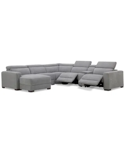 Macy's Nevio 6-pc. Fabric Power Headrest Sectional With Chaise & Console And 2 Power Motion Chairs In Mineral