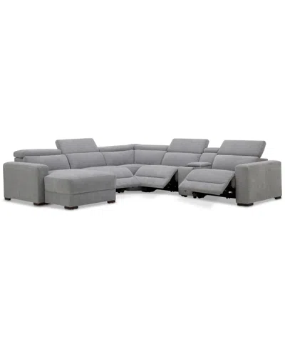 Macy's Nevio 6-pc. Fabric Power Headrest Sectional With Chaise & Console And 3 Power Motion Chairs In Gray