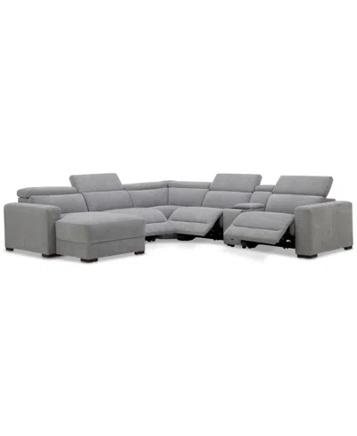 Macy's Nevio 6-pc. Fabric Power Headrest Sectional With Chaise & Console And 3 Power Motion Chairs In Midnight
