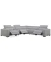 Macy's Nevio 6-pc. Fabric Power Headrest Sectional With Console And 3 Power Motion Chairs In Mineral