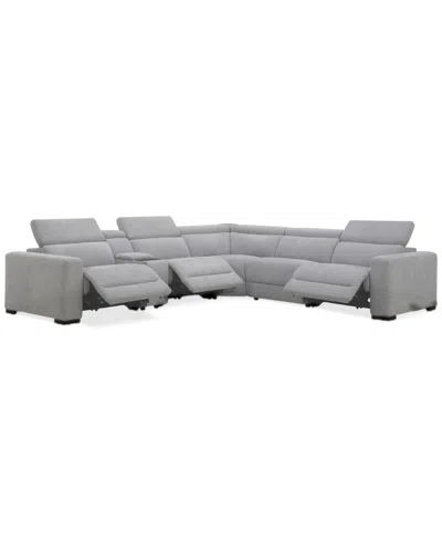 Macy's Nevio 6-pc. Fabric Power Headrest Sectional With Console And 3 Power Motion Chairs In Gray