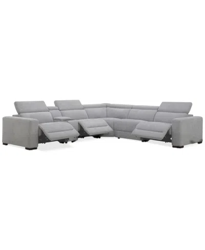 Macy's Nevio 6-pc. Fabric Power Headrest Sectional With Console And 3 Power Motion Chairs In Mineral