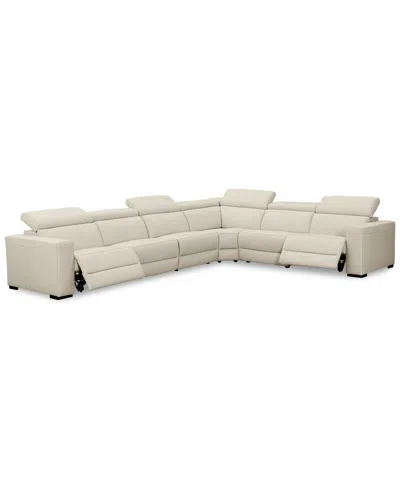 Macy's Nevio 6-pc Leather "l" Shaped Sectional Sofa With 2 Power Recliners And Articulating Headrests, Crea In Neutral