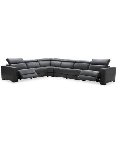 Macy's Nevio 6-pc Leather "l" Shaped Sectional Sofa With 2 Power Recliners And Articulating Headrests, Crea In Gray