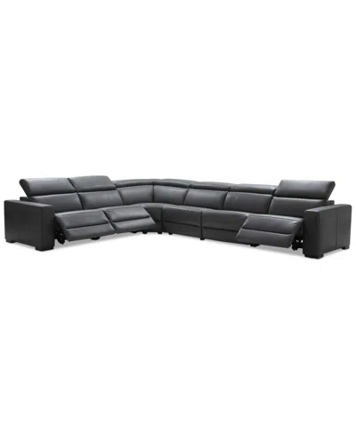 Macy's Nevio 6-pc Leather "l" Shaped Sectional Sofa With 3 Power Recliners And Articulating Headrests, Crea In Black