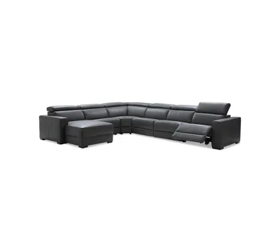 Macy's Nevio 6-pc Leather Sectional Sofa With Chaise, 1 Power Recliner And Articulating Headrests, Created  In Gray