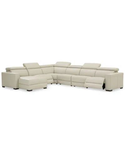 Macy's Nevio 6-pc Leather Sectional Sofa With Chaise, 2 Power Recliners And Articulating Headrests, Created In White