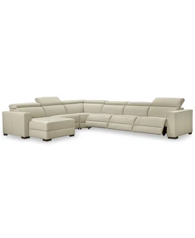 Macy's Nevio 6-pc Leather Sectional Sofa With Chaise, 3 Power Recliners And Articulating Headrests, Created In Neutral