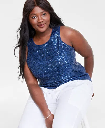 Macy's On 34th Trendy Plus Size Sequined Tank Top, Created For  In Intrepid Blue