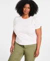 Macy's On 34th Trendy Plus Size Striped Knot-detail Puffed-sleeve Top, Created For  In Chai Cmb