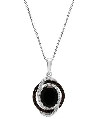 Macy's Onyx & Black & White Diamond (1/5 Ct. T.w.) Interlocking Ring 18" Pendant Necklace In Sterling Silve