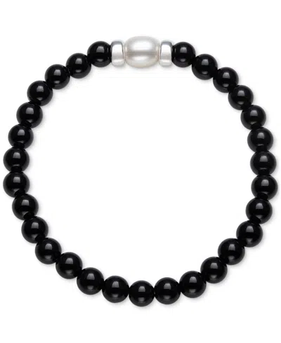 Macy's Onyx & Cultured Freshwater Pearl (7-8mm) Stretch Bracelet In Sterling Silver (also In Rose Quartz) In Black