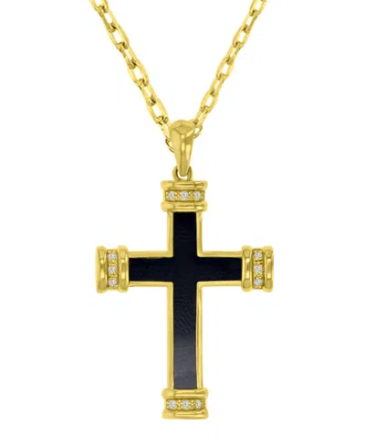 Macy's Onyx And Diamond (0.036 Ct. T.w.) Cross Necklace In 14k Yellow Gold Over Sterling Silver In Multi