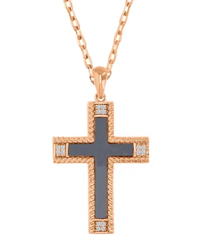Macy's Onyx And Diamond (0.048 Ct. T.w.) Cross Necklace In 10k Rose Gold In Yellow