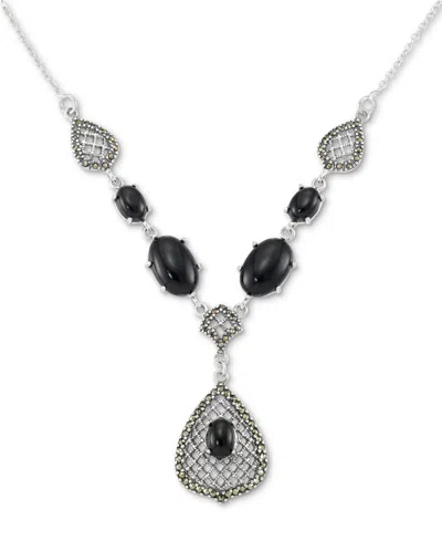 Macy's Onyx & Marcasite (1/2 Ct. T.w.) Teardrop Pendant Necklace In Sterling Silver, 18" + 2" Extender