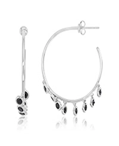 Macy's Onyx Circle Dangling Tube Hoop Earrings In Rhodium Over Sterling Silver