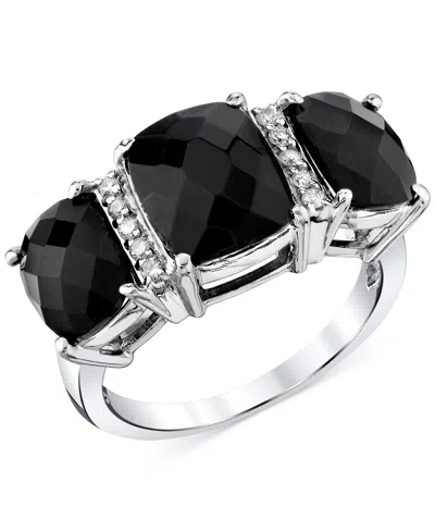 Macy's Onyx Cushion-cut Trio & Diamond (1/10 Ct. T.w.) Statement Ring In Sterling Silver