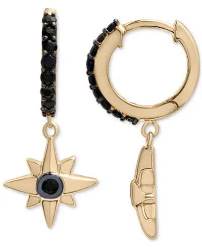 Macy's Onyx Star Dangle Huggie Hoop Earrings In 14k Gold-plated Sterling Silver